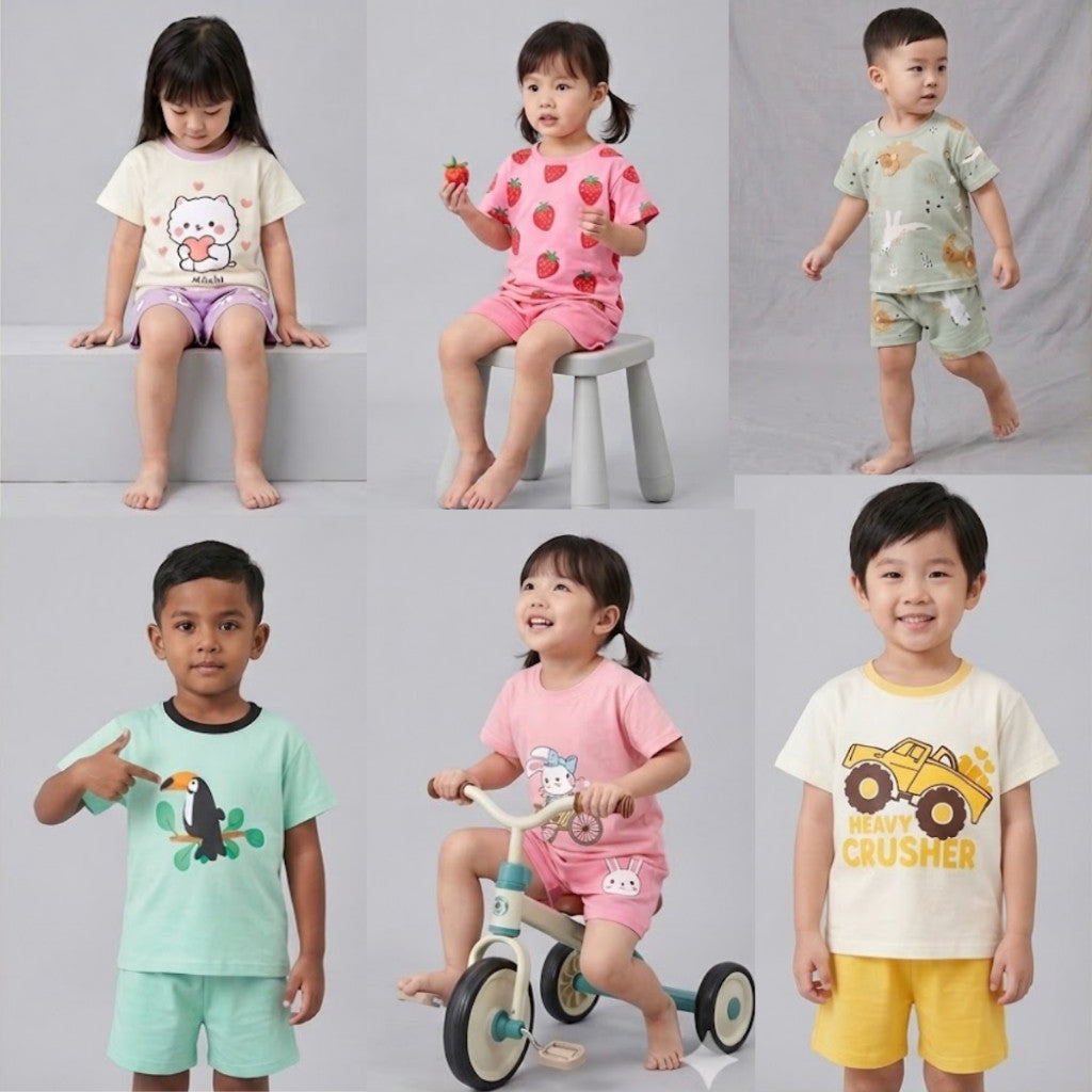 Baju Budak Set 6mths-6yrs Baby Boy Clothes Toddler Kids Girl Shirt Pants Short Sleeves Lengan Pendek