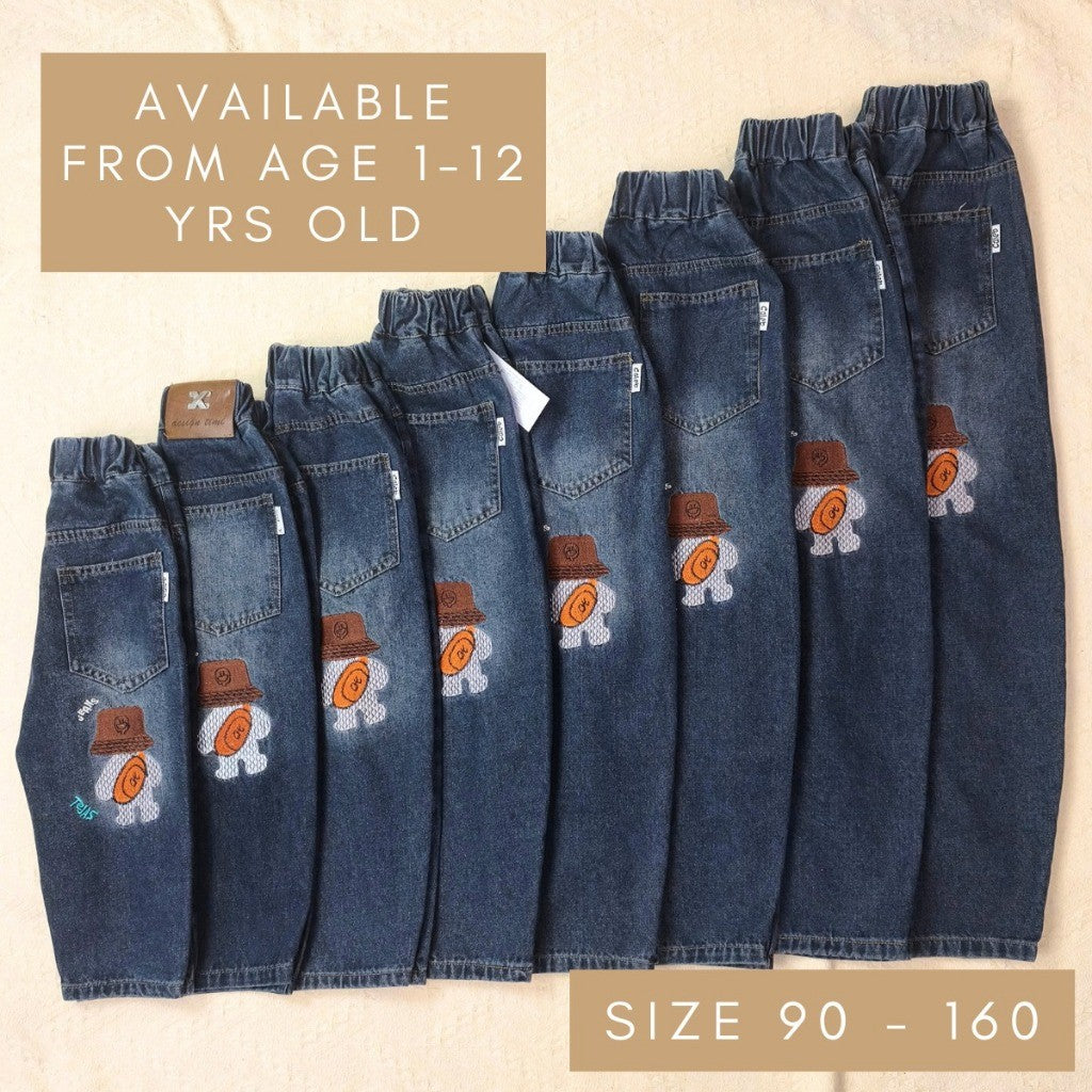 Seluar Jeans Budak Lelaki 1-12Y Kids Long Pants Jeans Dark Denim Cute Embroidery Boy Seluar Panjang Baby Jalan Baju Raya