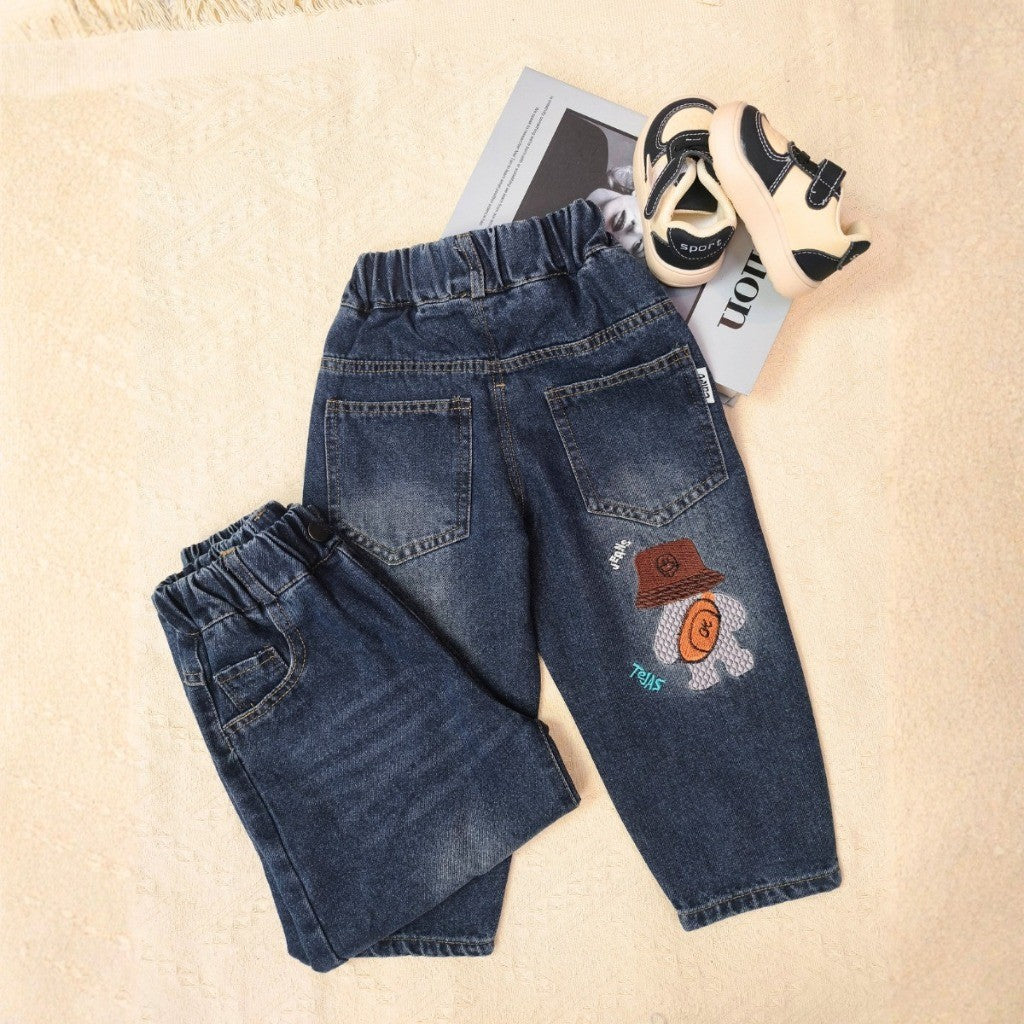 Seluar Jeans Budak Lelaki 1-12Y Kids Long Pants Jeans Dark Denim Cute Embroidery Boy Seluar Panjang Baby Jalan Baju Raya