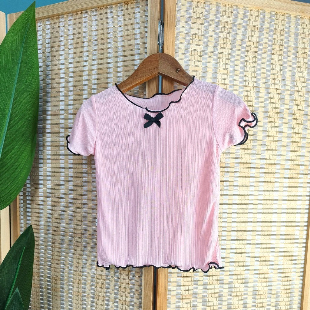 Baju Baby Girl 6M-11Y Kids Girl Summer Bow Short Sleeve T-Shirt Wavy Hem Baju Raya Budak Perempuan Toddler Blouse