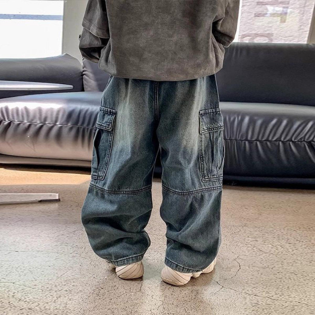 Seluar Panjang Jeans Budak Lelaki 1-12Y Kids Cargo Pants Long Denim Baggy Toddler Clothes Jalan Anak