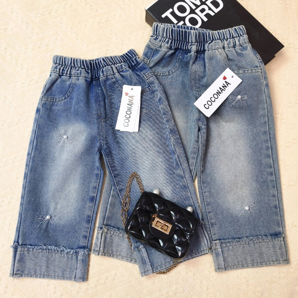 Seluar Jeans Budak Perempuan 1-12Y Kids Girl Long Pants Vintage Pearl Ribbons Jeans Baju Raya Seluar Panjang Baby Girl