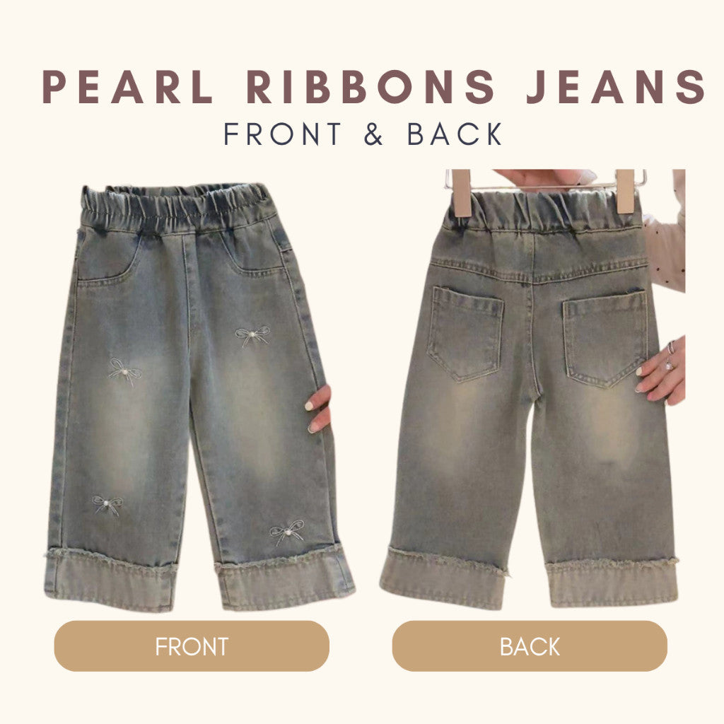 Seluar Jeans Budak Perempuan 1-12Y Kids Girl Long Pants Vintage Pearl Ribbons Jeans Baju Raya Seluar Panjang Baby Girl