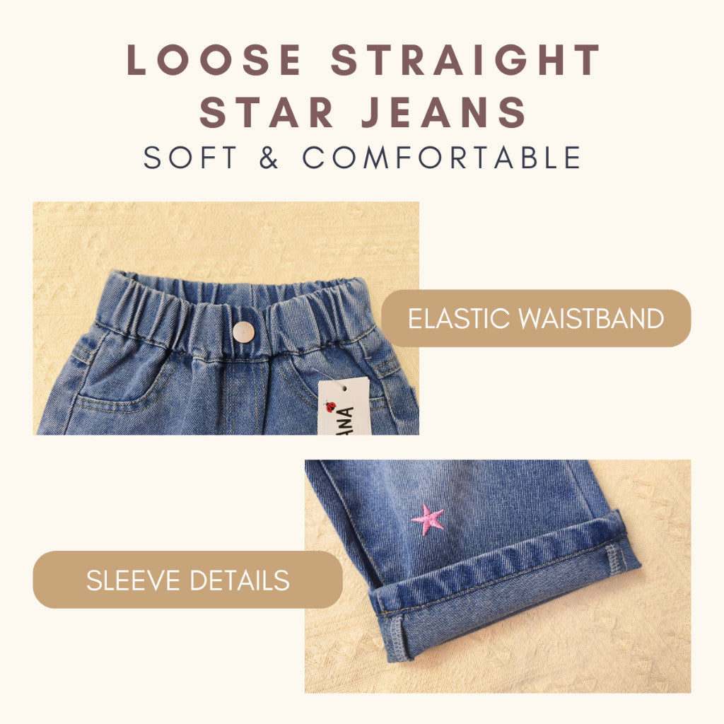 Seluar Jeans Budak Perempuan Wide Leg 1-12Y Kids Girl Soft Loose Straight Jeans Palazzo Style Stars Toddler Long Pants