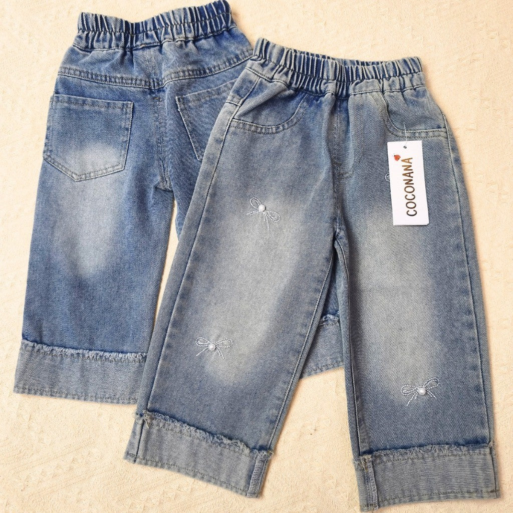 Seluar Jeans Budak Perempuan 1-12Y Kids Girl Long Pants Vintage Pearl Ribbons Jeans Baju Raya Seluar Panjang Baby Girl