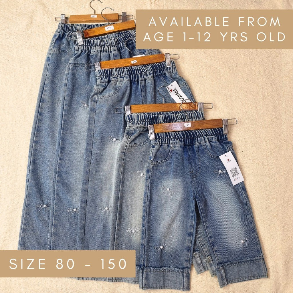 Seluar Jeans Budak Perempuan 1-12Y Kids Girl Long Pants Vintage Pearl Ribbons Jeans Baju Raya Seluar Panjang Baby Girl