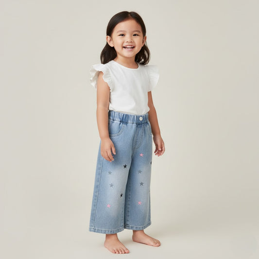Seluar Jeans Budak Perempuan Wide Leg 1-12Y Kids Girl Soft Loose Straight Jeans Palazzo Style Stars Toddler Long Pants
