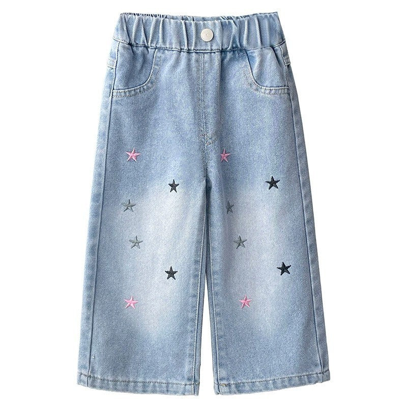 Seluar Jeans Budak Perempuan Wide Leg 1-12Y Kids Girl Soft Loose Straight Jeans Palazzo Style Stars Toddler Long Pants