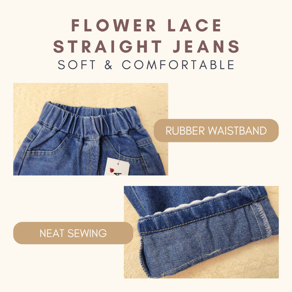 Seluar Jeans Budak Perempuan 1-12Y Kids Girl Long Pants Flower Lace Straight Jeans Baby Girl Seluar Panjang Baju Raya