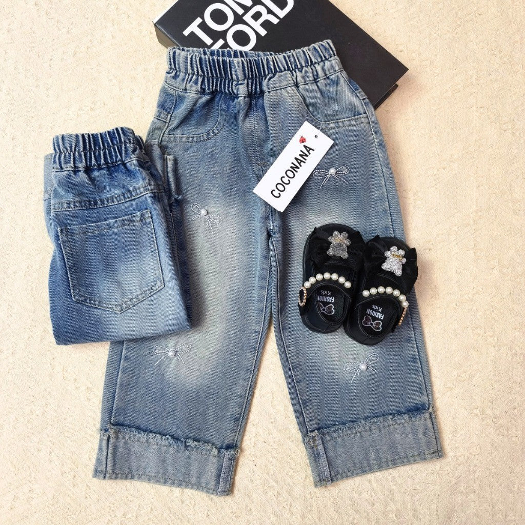Seluar Jeans Budak Perempuan 1-12Y Kids Girl Long Pants Vintage Pearl Ribbons Jeans Baju Raya Seluar Panjang Baby Girl
