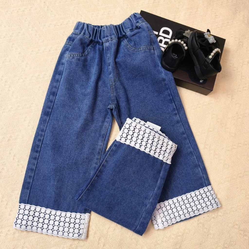 Seluar Jeans Budak Perempuan 1-12Y Kids Girl Long Pants Flower Lace Straight Jeans Baby Girl Seluar Panjang Baju Raya