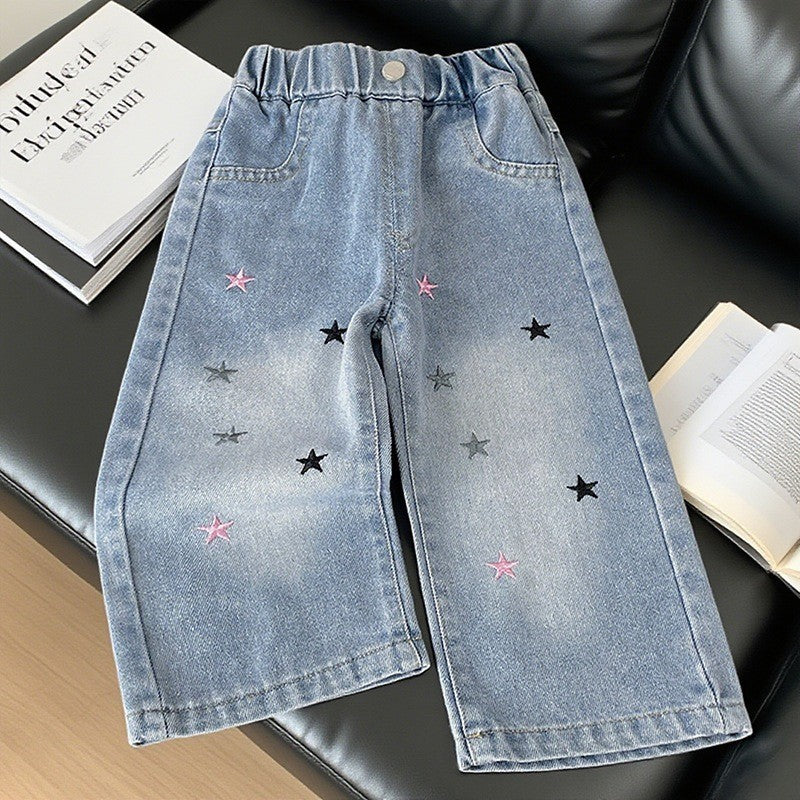 Seluar Jeans Budak Perempuan Wide Leg 1-12Y Kids Girl Soft Loose Straight Jeans Palazzo Style Stars Toddler Long Pants