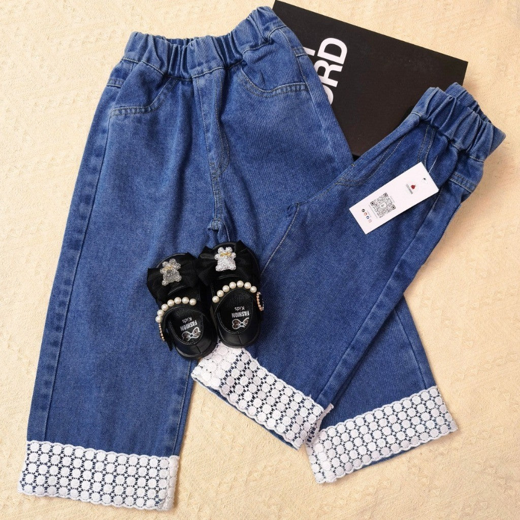 Seluar Jeans Budak Perempuan 1-12Y Kids Girl Long Pants Flower Lace Straight Jeans Baby Girl Seluar Panjang Baju Raya
