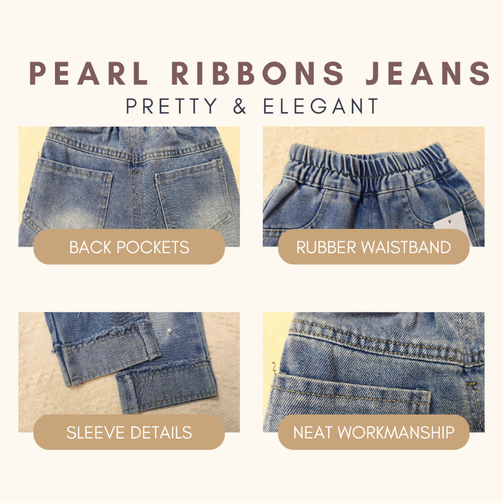 Seluar Jeans Budak Perempuan 1-12Y Kids Girl Long Pants Vintage Pearl Ribbons Jeans Baju Raya Seluar Panjang Baby Girl