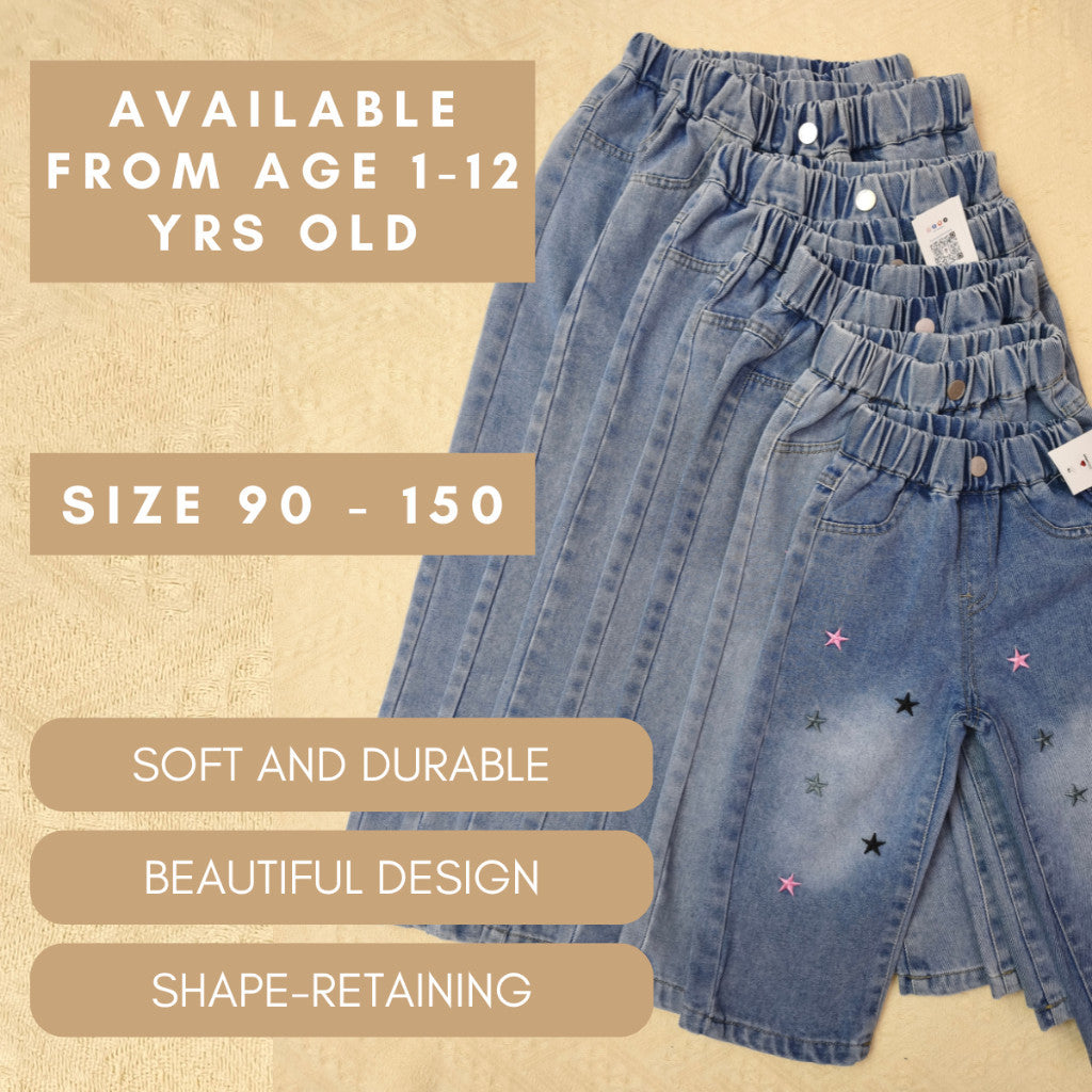 Seluar Jeans Budak Perempuan Wide Leg 1-12Y Kids Girl Soft Loose Straight Jeans Palazzo Style Stars Toddler Long Pants