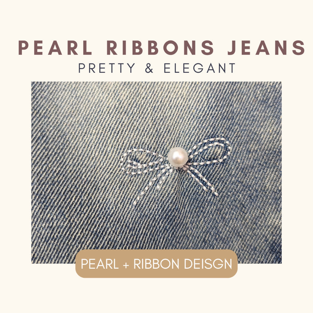 Seluar Jeans Budak Perempuan 1-12Y Kids Girl Long Pants Vintage Pearl Ribbons Jeans Baju Raya Seluar Panjang Baby Girl