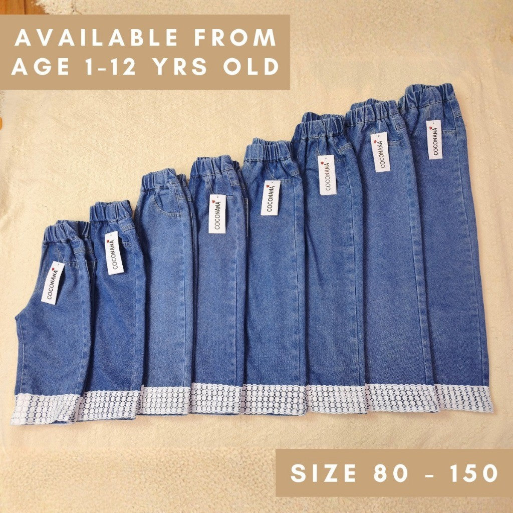 Seluar Jeans Budak Perempuan 1-12Y Kids Girl Long Pants Flower Lace Straight Jeans Baby Girl Seluar Panjang Baju Raya
