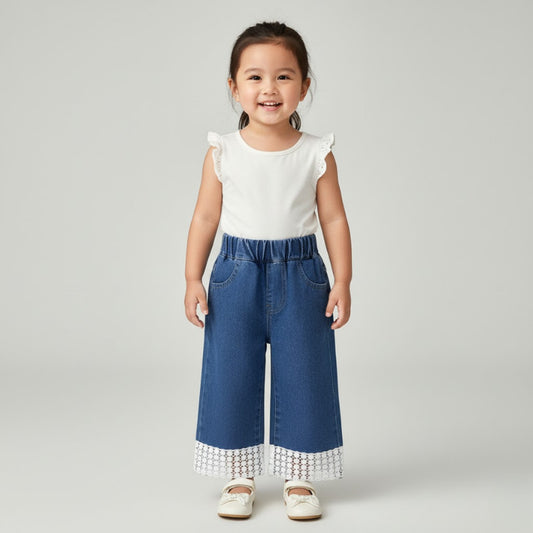 Seluar Jeans Budak Perempuan 1-12Y Kids Girl Long Pants Flower Lace Straight Jeans Baby Girl Seluar Panjang Baju Raya
