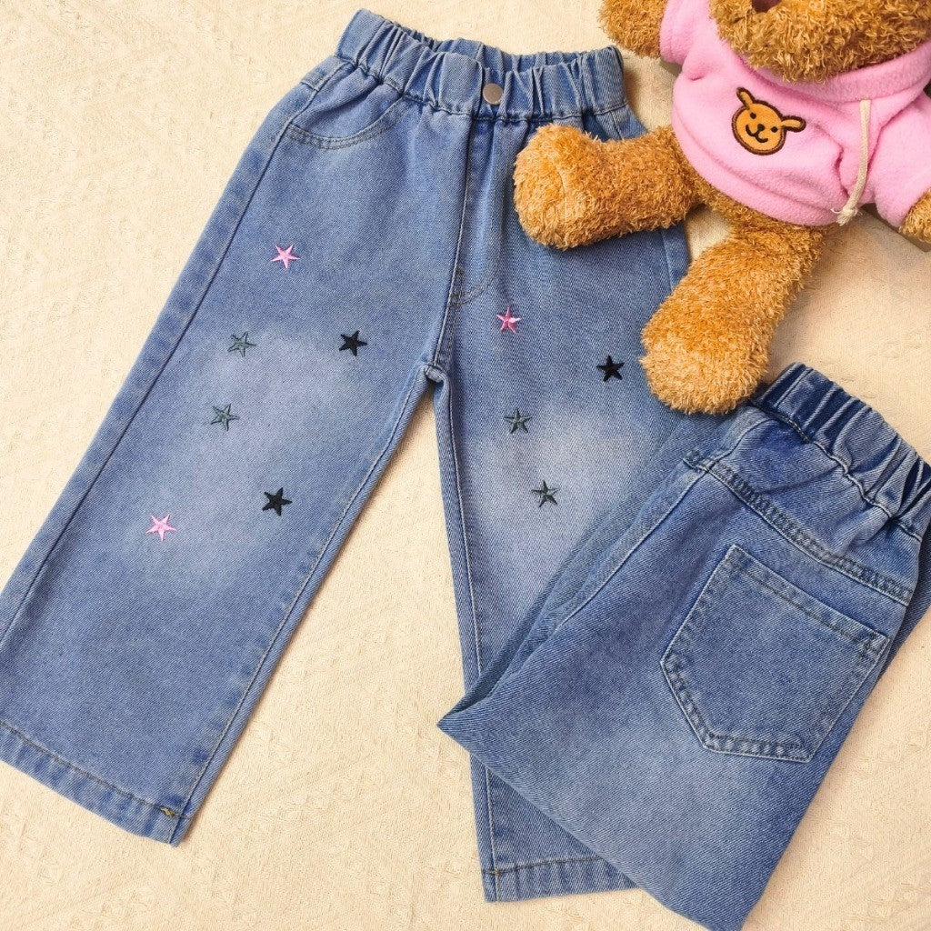 Seluar Jeans Budak Perempuan Wide Leg 1-12Y Kids Girl Soft Loose Straight Jeans Palazzo Style Stars Toddler Long Pants
