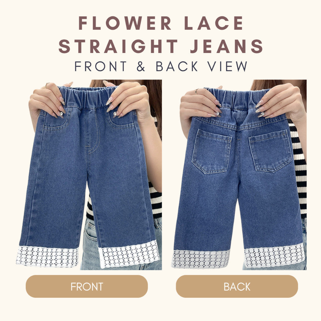 Seluar Jeans Budak Perempuan 1-12Y Kids Girl Long Pants Flower Lace Straight Jeans Baby Girl Seluar Panjang Baju Raya