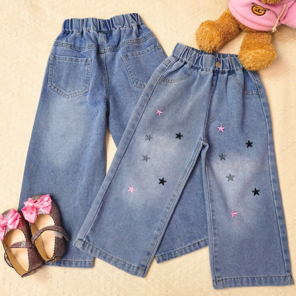 Seluar Jeans Budak Perempuan Wide Leg 1-12Y Kids Girl Soft Loose Straight Jeans Palazzo Style Stars Toddler Long Pants