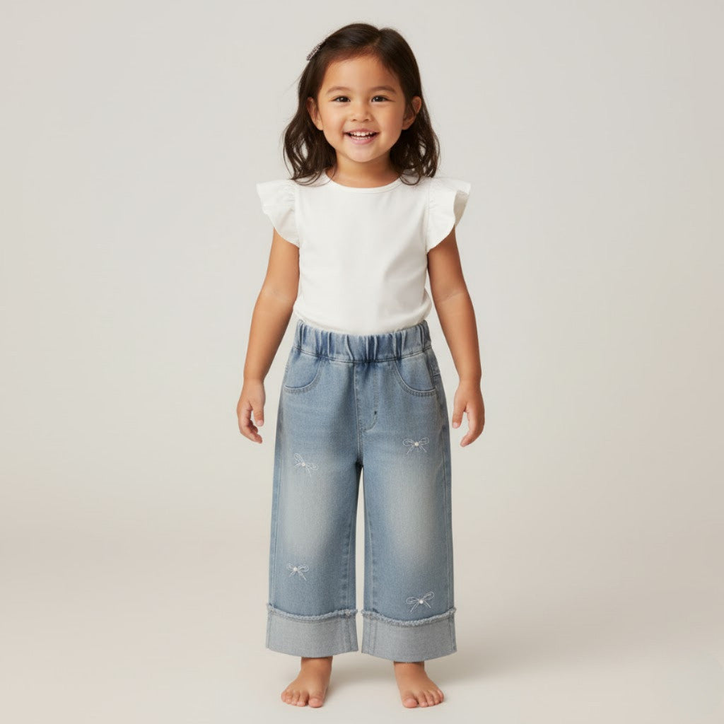 Seluar Jeans Budak Perempuan 1-12Y Kids Girl Long Pants Vintage Pearl Ribbons Jeans Baju Raya Seluar Panjang Baby Girl