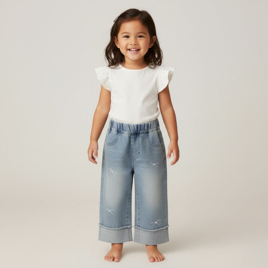 Seluar Jeans Budak Perempuan 1-12Y Kids Girl Long Pants Vintage Pearl Ribbons Jeans Baju Raya Seluar Panjang Baby Girl