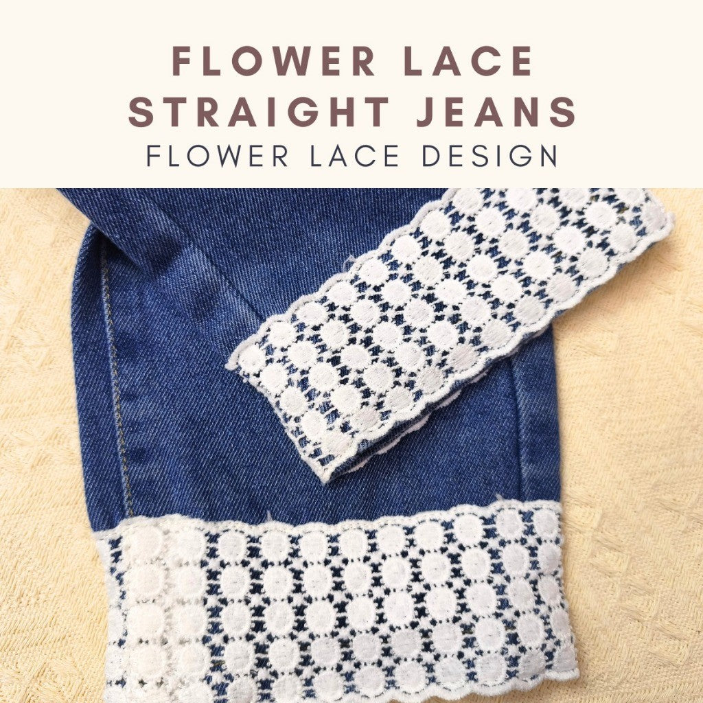 Seluar Jeans Budak Perempuan 1-12Y Kids Girl Long Pants Flower Lace Straight Jeans Baby Girl Seluar Panjang Baju Raya
