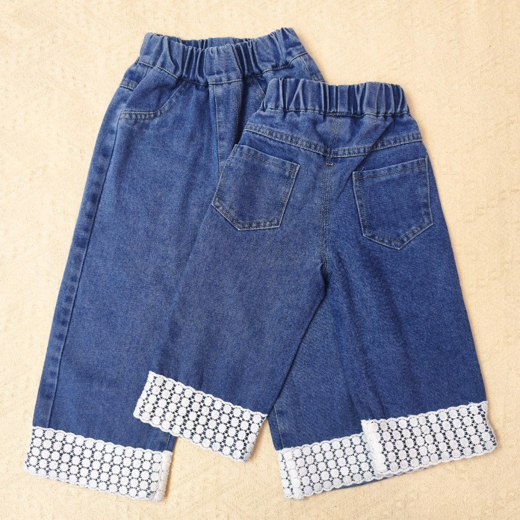 Seluar Jeans Budak Perempuan 1-12Y Kids Girl Long Pants Flower Lace Straight Jeans Baby Girl Seluar Panjang Baju Raya