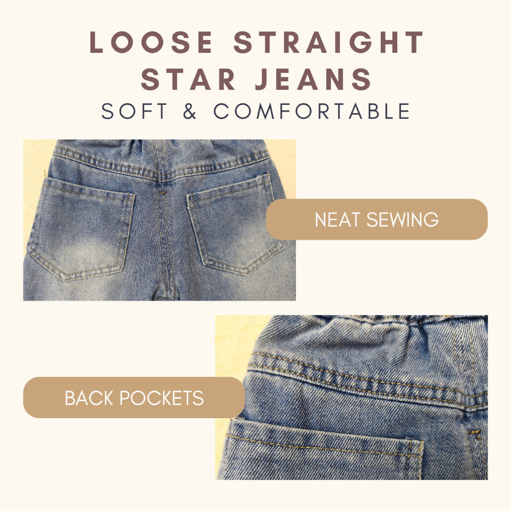 Seluar Jeans Budak Perempuan Wide Leg 1-12Y Kids Girl Soft Loose Straight Jeans Palazzo Style Stars Toddler Long Pants